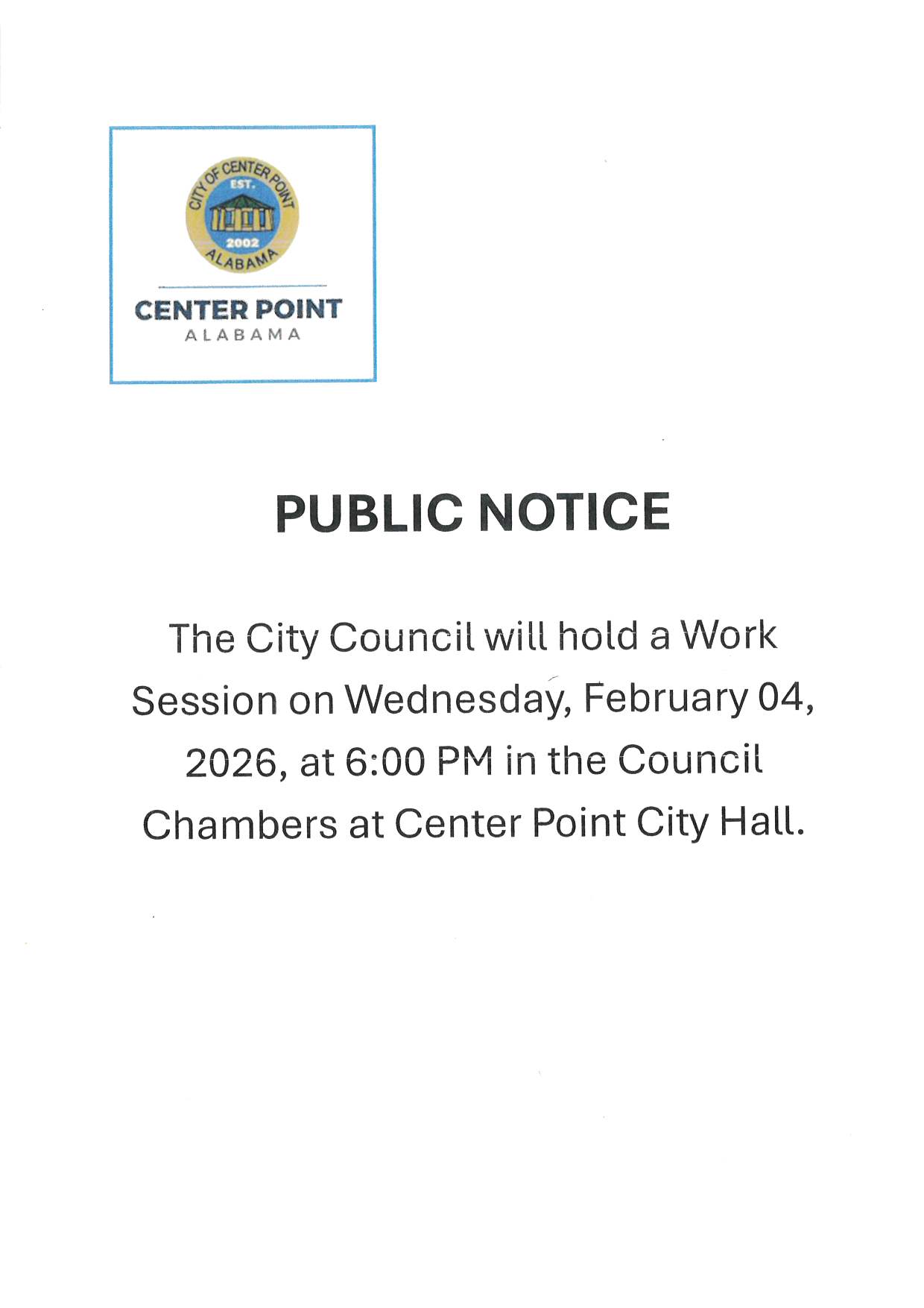 Public Notice Regarding Work Session Meeting