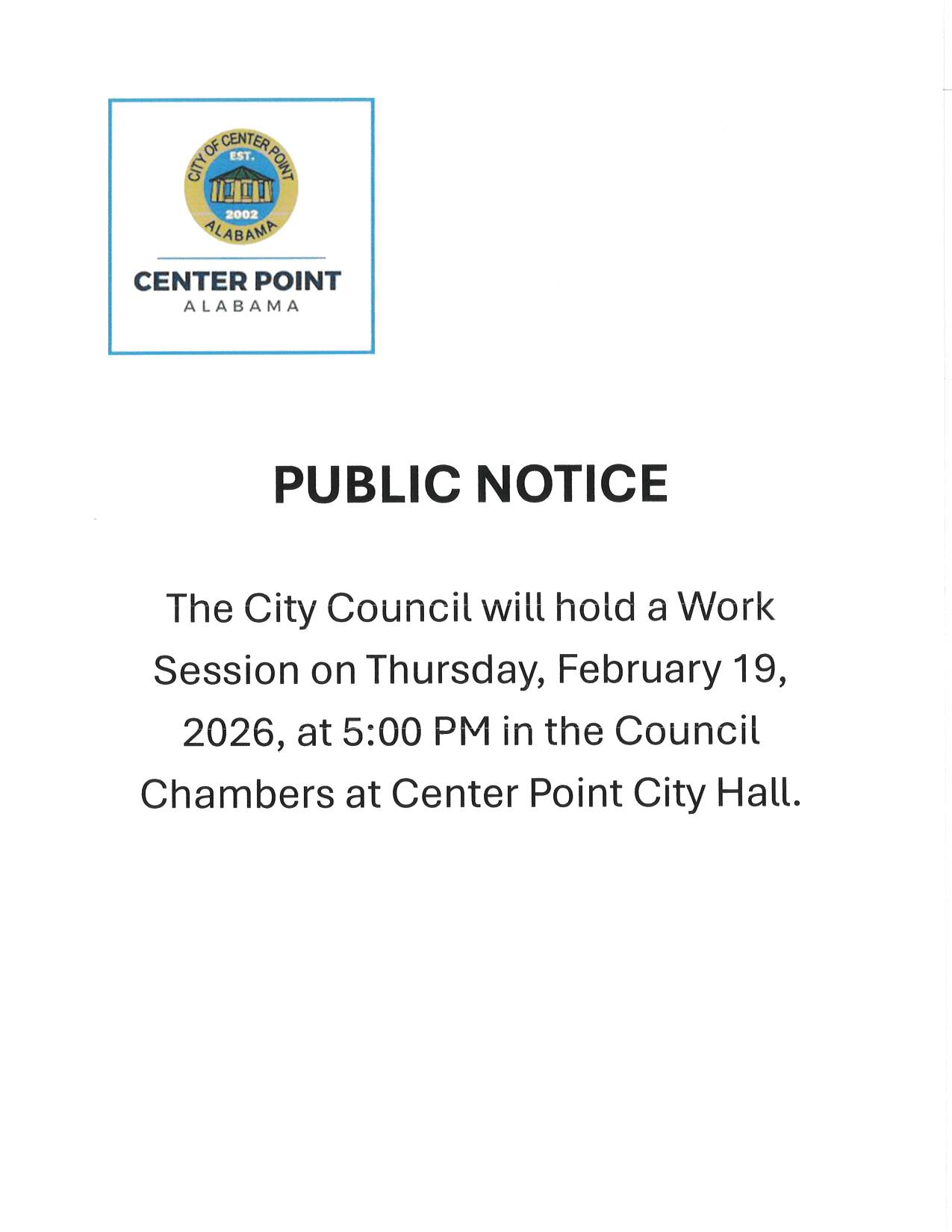Public Notice Regarding City Council Work Session Meeting