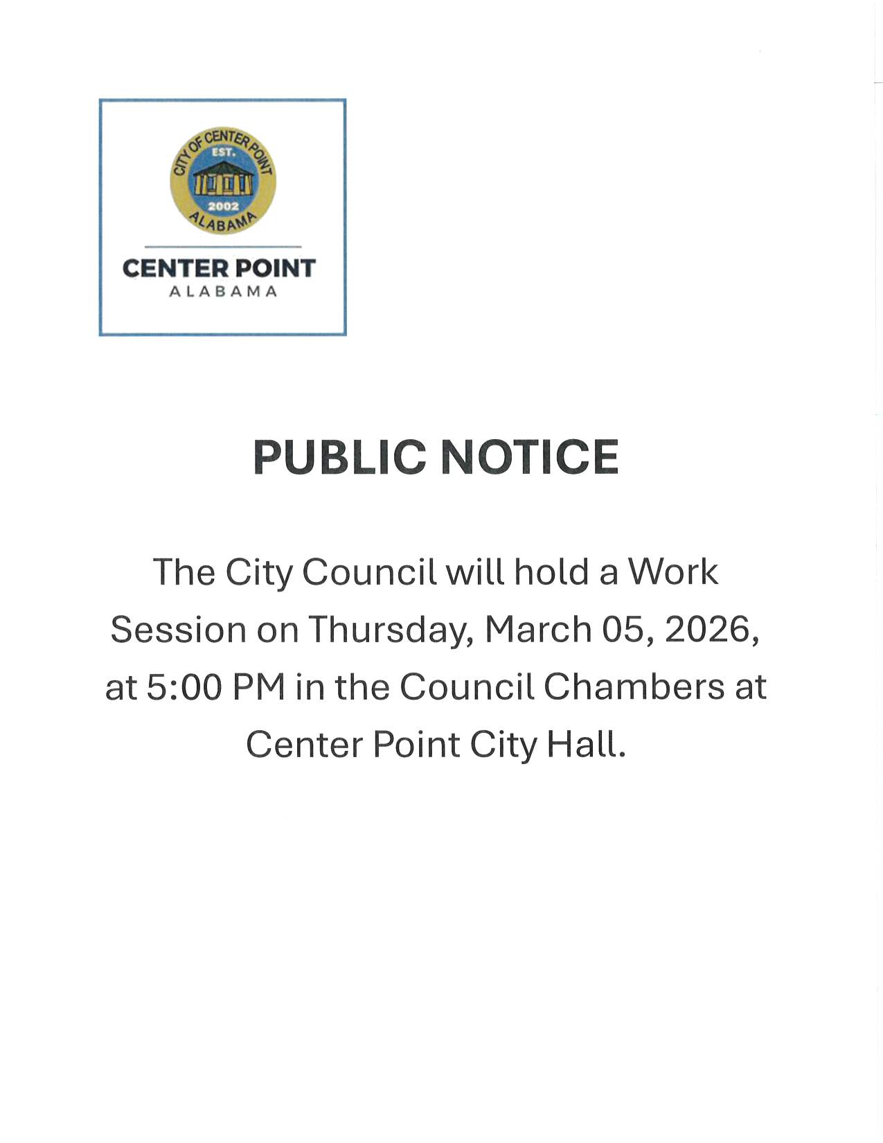 Public Notice Regarding City Council Work Session Meeting 