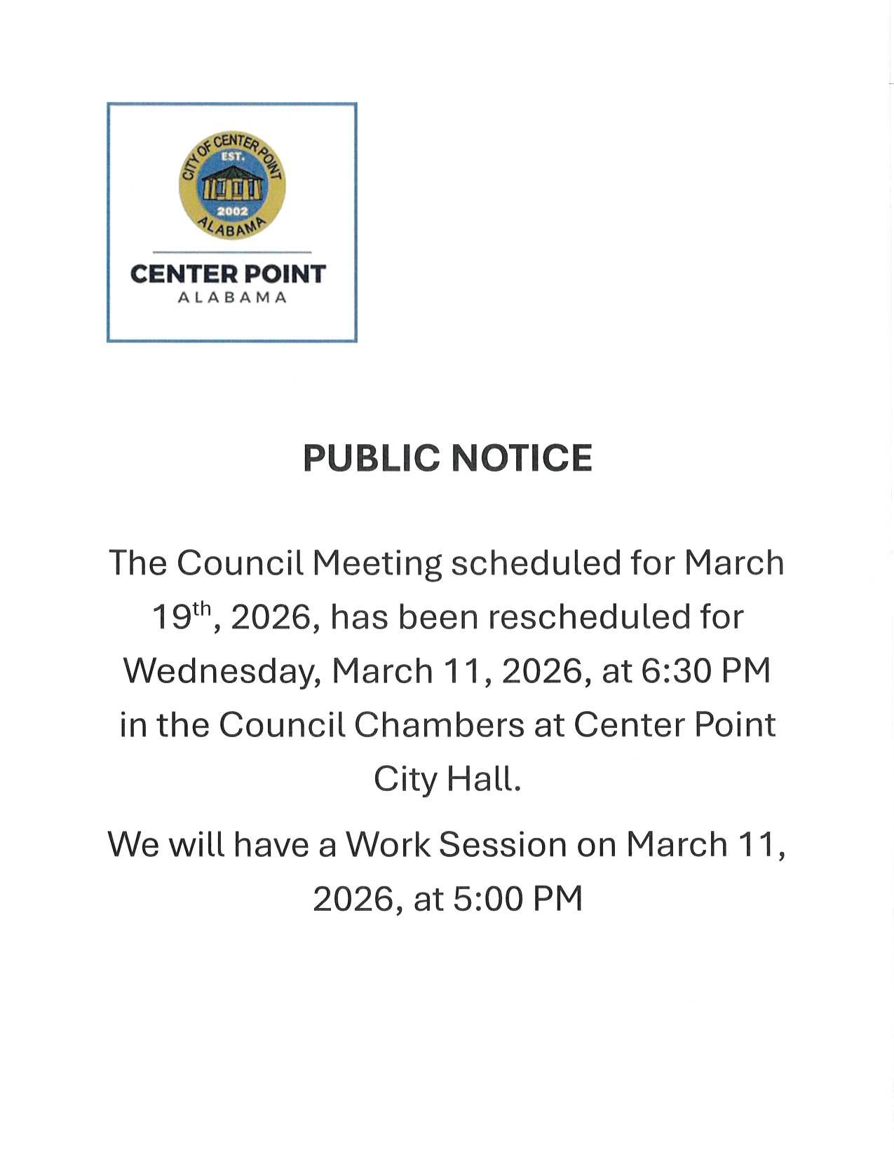 Public Notice Regarding Council Meeting and Work Session