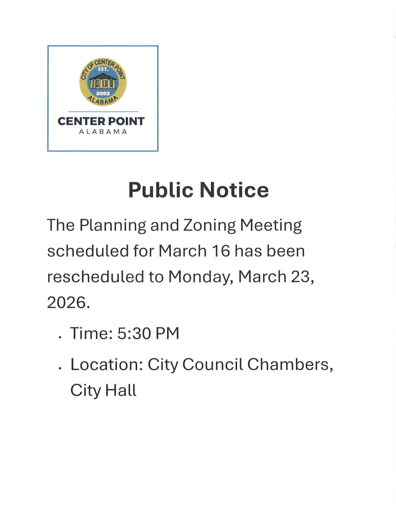Public Notice Regarding Planning and Zoning Meeting
